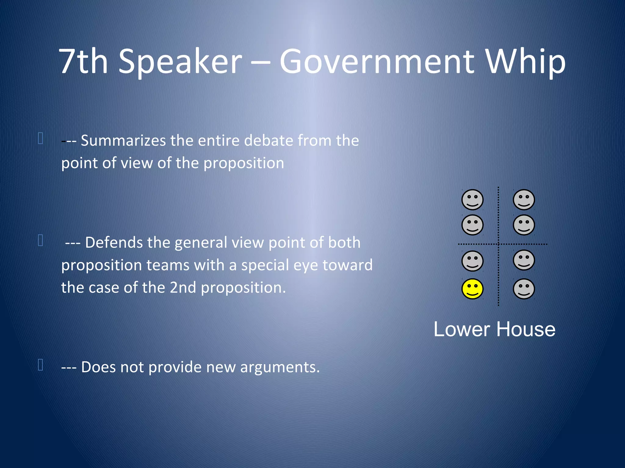 7th Speaker – Government Whip
 --- Summarizes the entire debate from the
point of view of the proposition
 --- Defends the general view point of both
proposition teams with a special eye toward
the case of the 2nd proposition.
 --- Does not provide new arguments.
Lower House
 