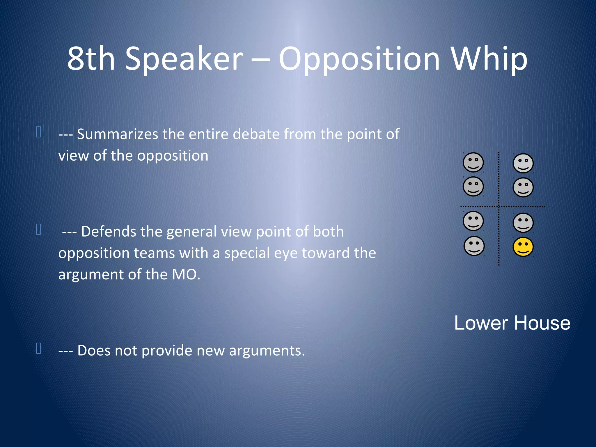 8th Speaker – Opposition Whip
 --- Summarizes the entire debate from the point of
view of the opposition
 --- Defends the general view point of both
opposition teams with a special eye toward the
argument of the MO.
 --- Does not provide new arguments.
Lower House
 