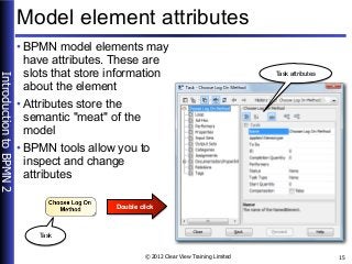 IntroductiontoBPMN2
© 2012 Clear View Training Limited 15
Model element attributes
• BPMN model elements may
have attribut...