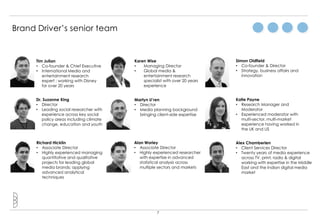 Brand Driver‟s senior team


     Tim Julian                          Karen Wise                          Simon Oldfield
     • Co-founder & Chief Executive      •   Managing Director               • Co-founder & Director
     • International Media and           •   Global media &                  • Strategy, business affairs and
        entertainment research               entertainment research             innovation
        expert ; working with Disney         specialist with over 20 years
        for over 20 years                    experience


     Dr. Suzanne King                    Martyn U’ren                        Katie Payne
     • Director                          • Director                          • Research Manager and
     • Leading social researcher with    • Media planning background           Moderator
        experience across key social       bringing client-side expertise    • Experienced moderator with
        policy areas including climate                                         multi-sector, multi-market
        change, education and youth                                            experience having worked in
                                                                               the UK and US


     Richard Hicklin                     Alan Worley                         Alex Chamberlen
     • Associate Director                • Associate Director                • Client Services Director
     • Highly experienced managing       • Highly experienced researcher     • Twenty years of media experience
        quantitative and qualitative        with expertise in advanced          across TV, print, radio & digital
        projects for leading global         statistical analysis across         working with expertise in the Middle
        media brands; applying              multiple sectors and markets        East and the Indian digital media
        advanced analytical                                                     market
        techniques




                                                    7
 