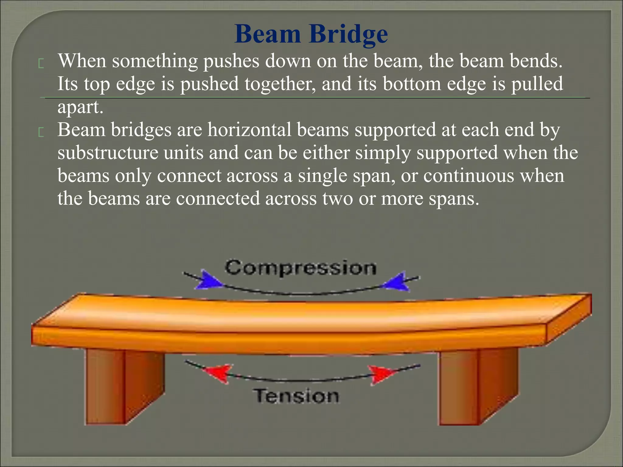 Beam Bridge
When something pushes down on the beam, the beam bends.
Its top edge is pushed together, and its bottom edge is pulled
apart.
Beam bridges are horizontal beams supported at each end by
substructure units and can be either simply supported when the
beams only connect across a single span, or continuous when
the beams are connected across two or more spans.
 