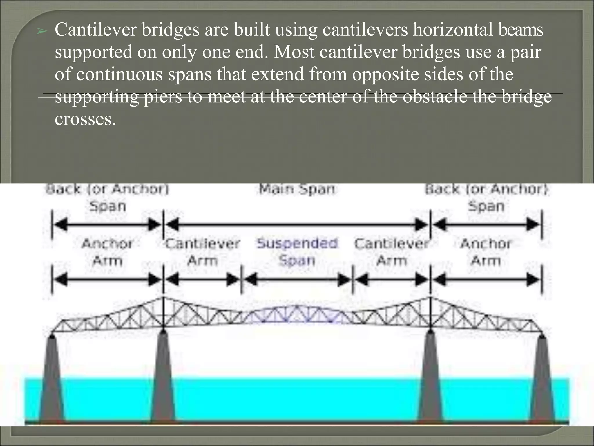 ➢ Cantilever bridges are built using cantilevers horizontal beams
supported on only one end. Most cantilever bridges use a pair
of continuous spans that extend from opposite sides of the
supporting piers to meet at the center of the obstacle the bridge
crosses.
 
