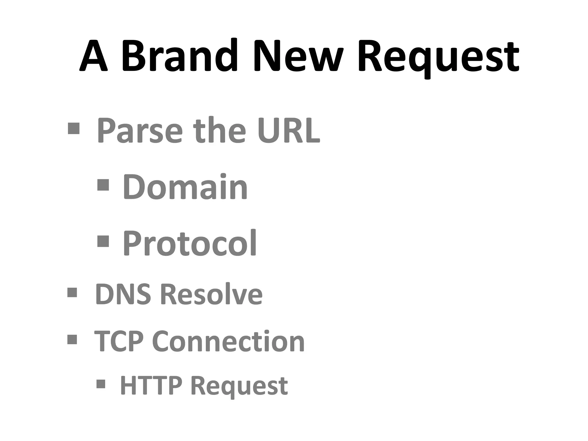 A Brand New Request
 Parse the URL
 Domain
 Protocol
 DNS Resolve
 TCP Connection
 HTTP Request
 