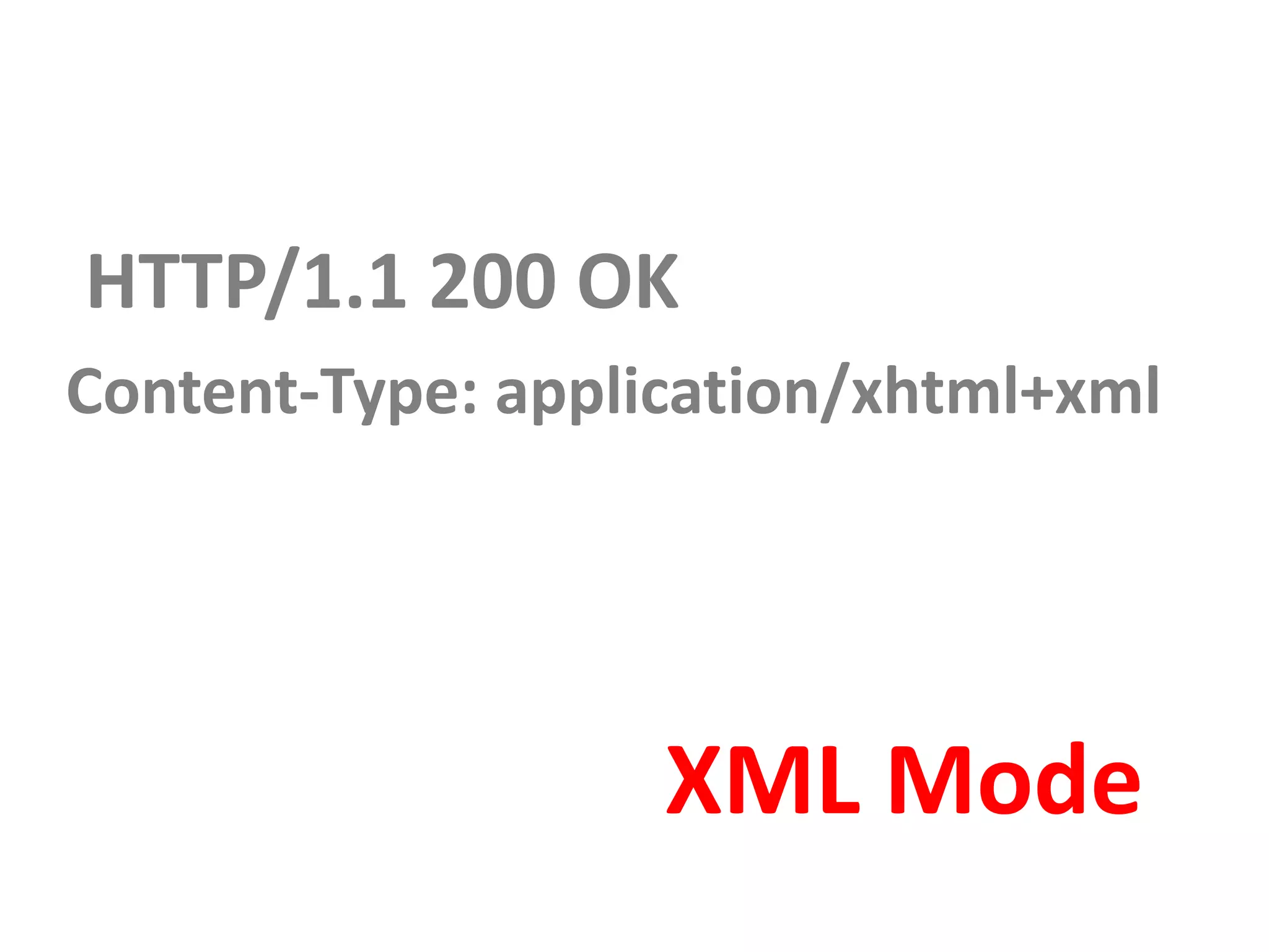HTTP/1.1 200 OK
Content-Type: application/xhtml+xml
XML Mode
 