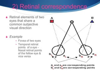 2) Retinal correspondence
S Retinal elements of two
eyes that share a
common subjective
visual direction
S Example
• Fovea of two eyes
• Temporal retinal
points of a eye -
Nasal retinal points
of the fellow eye &
vice versa
 