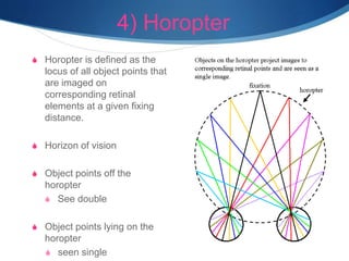 4) Horopter
S Horopter is defined as the
locus of all object points that
are imaged on
corresponding retinal
elements at a given fixing
distance.
S Horizon of vision
S Object points off the
horopter
S See double
S Object points lying on the
horopter
S seen single
 