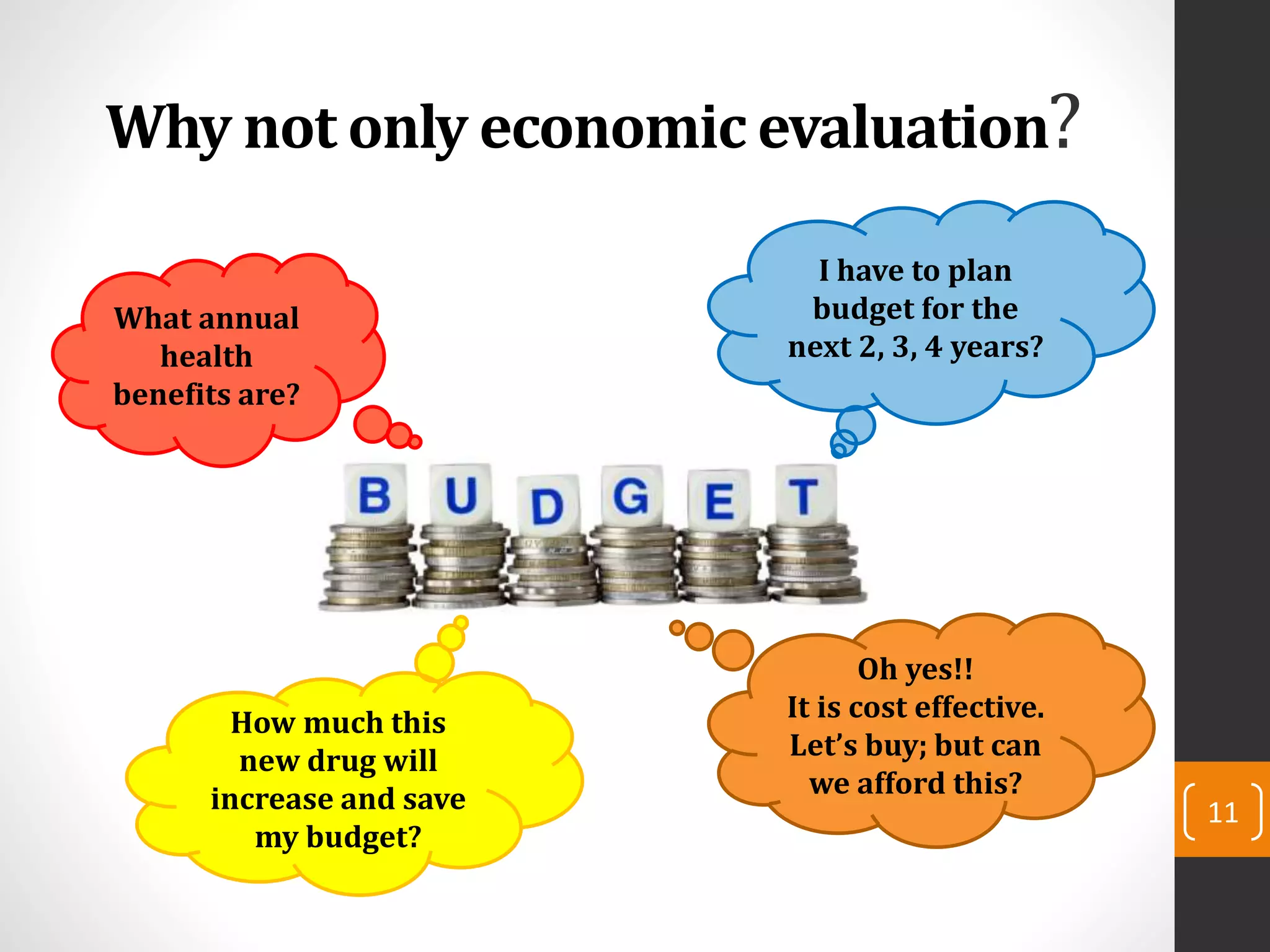Why not only economic evaluation?
I have to plan
budget for the
next 2, 3, 4 years?
What annual
health
benefits are?
How much this
new drug will
increase and save
my budget?
Oh yes!!
It is cost effective.
Let’s buy; but can
we afford this?
11
 