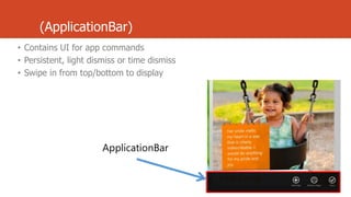 (ApplicationBar)
• Contains UI for app commands
• Persistent, light dismiss or time dismiss
• Swipe in from top/bottom to display

ApplicationBar

 