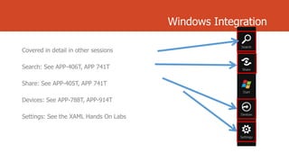 Windows Integration
Covered in detail in other sessions
Search: See APP-406T, APP 741T
Share: See APP-405T, APP 741T
Devices: See APP-788T, APP-914T
Settings: See the XAML Hands On Labs

 