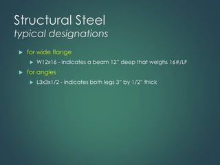 Structural Steel
typical designations
 for wide flange
 W12x16 - indicates a beam 12” deep that weighs 16#/LF
 for angles
 L3x3x1/2 - indicates both legs 3” by 1/2” thick
 