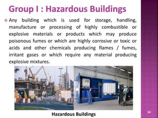  Any building which is used for storage, handling,
manufacture or processing of highly combustible or
explosive materials or products which may produce
poisonous fumes or which are highly corrosive or toxic or
acids and other chemicals producing flames / fumes,
irritant gases or which require any material producing
explosive mixtures.
14
Hazardous Buildings
 