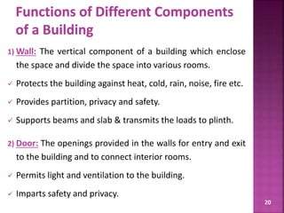 1) Wall: The vertical component of a building which enclose
the space and divide the space into various rooms.
 Protects the building against heat, cold, rain, noise, fire etc.
 Provides partition, privacy and safety.
 Supports beams and slab & transmits the loads to plinth.
2) Door: The openings provided in the walls for entry and exit
to the building and to connect interior rooms.
 Permits light and ventilation to the building.
 Imparts safety and privacy.
20
 