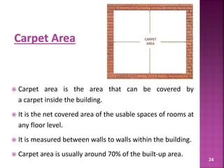 24
 Carpet area is the area that can be covered by
a carpet inside the building.
 It is the net covered area of the usable spaces of rooms at
any floor level.
 It is measured between walls to walls within the building.
 Carpet area is usually around 70% of the built-up area.
 