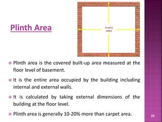 25
 Plinth area is the covered built-up area measured at the
floor level of basement.
 It is the entire area occupied by the building including
internal and external walls.
 It is calculated by taking external dimensions of the
building at the floor level.
 Plinth area is generally 10-20% more than carpet area.
 