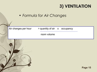 Free Powerpoint Templates Page 15
3) VENTILATION
• Formula for Air Changes
Air changes per hour = quantity of air x occupancy
room volume
 