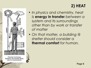 Free Powerpoint Templates Page 6
2) HEAT
• In physics and chemistry, heat
is energy in transfer between a
system and its surroundings
other than by work or transfer
of matter
• On that matter, a building @
shelter should consider a
thermal comfort for human.
 