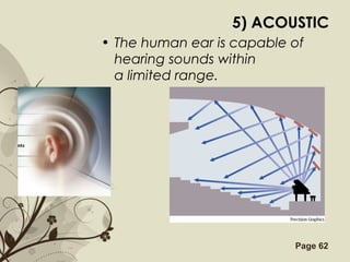 Free Powerpoint Templates Page 62
5) ACOUSTIC
• The human ear is capable of
hearing sounds within
a limited range.
 