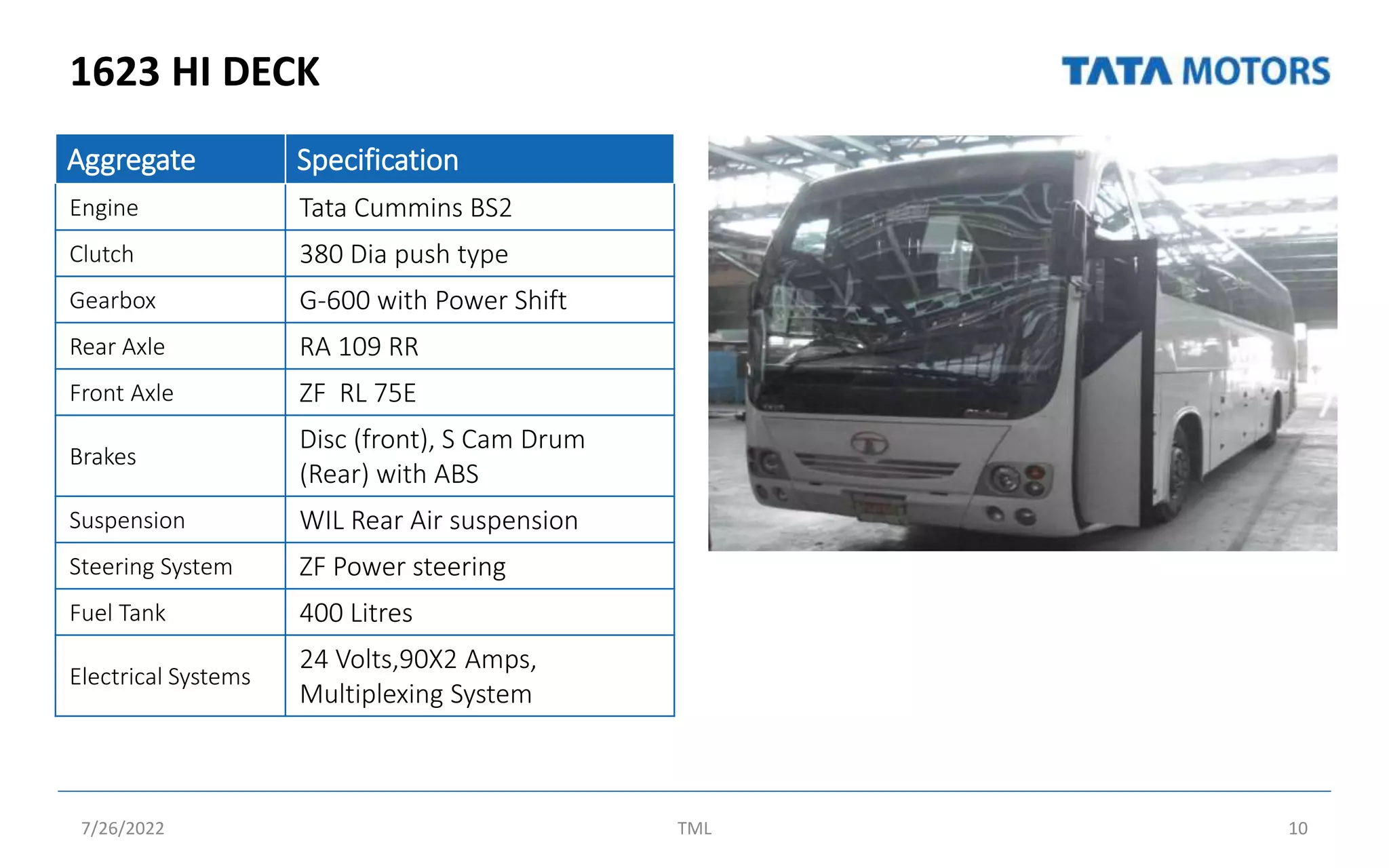 1623 HI DECK
7/26/2022 TML 10
Aggregate Specification
Engine Tata Cummins BS2
Clutch 380 Dia push type
Gearbox G-600 with Power Shift
Rear Axle RA 109 RR
Front Axle ZF RL 75E
Brakes
Disc (front), S Cam Drum
(Rear) with ABS
Suspension WIL Rear Air suspension
Steering System ZF Power steering
Fuel Tank 400 Litres
Electrical Systems
24 Volts,90X2 Amps,
Multiplexing System
 