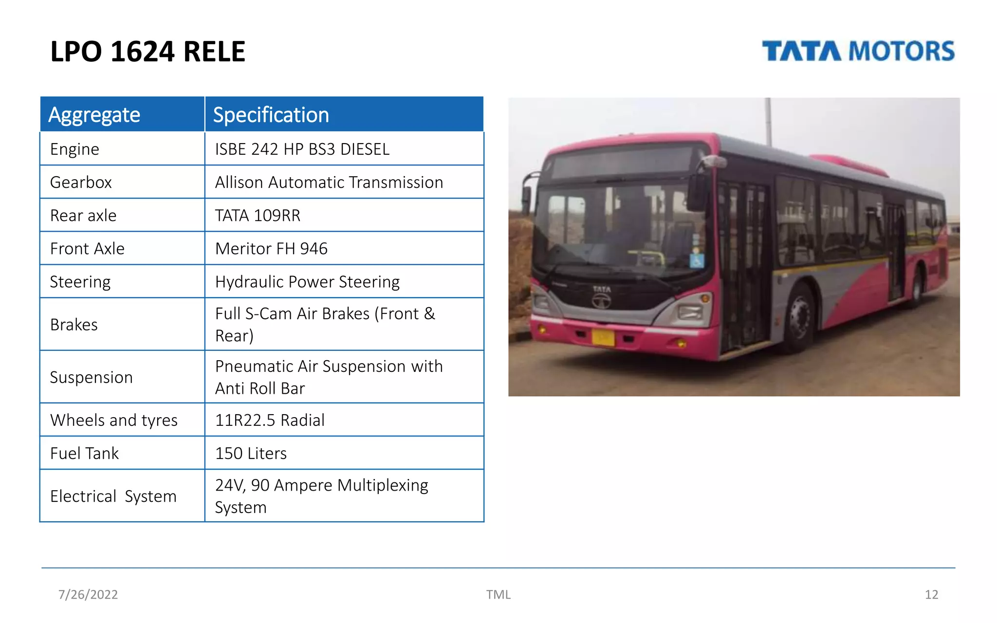 LPO 1624 RELE
7/26/2022 TML 12
Aggregate Specification
Engine ISBE 242 HP BS3 DIESEL
Gearbox Allison Automatic Transmission
Rear axle TATA 109RR
Front Axle Meritor FH 946
Steering Hydraulic Power Steering
Brakes
Full S-Cam Air Brakes (Front &
Rear)
Suspension
Pneumatic Air Suspension with
Anti Roll Bar
Wheels and tyres 11R22.5 Radial
Fuel Tank 150 Liters
Electrical System
24V, 90 Ampere Multiplexing
System
 