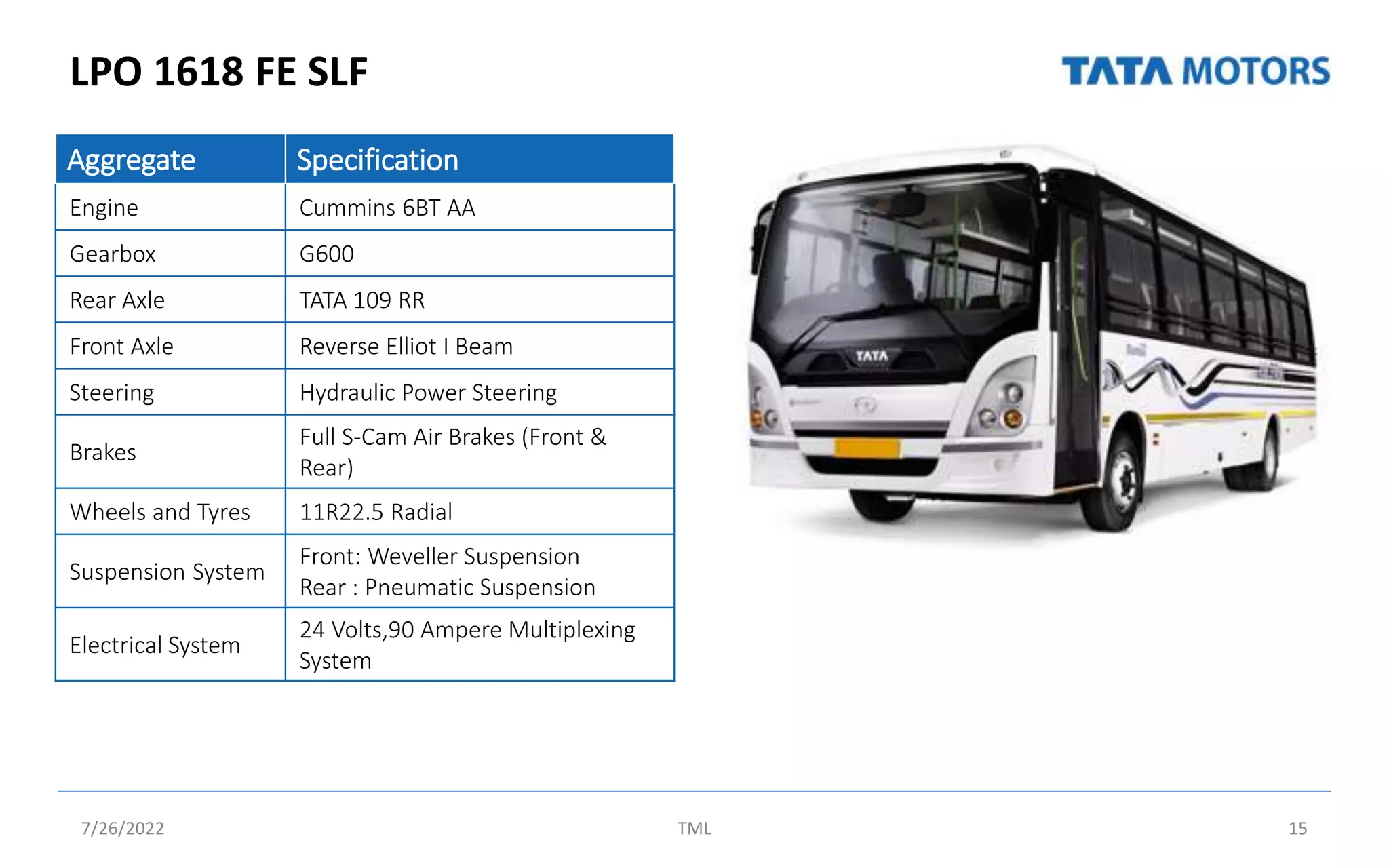 LPO 1618 FE SLF
7/26/2022 TML 15
Aggregate Specification
Engine Cummins 6BT AA
Gearbox G600
Rear Axle TATA 109 RR
Front Axle Reverse Elliot I Beam
Steering Hydraulic Power Steering
Brakes
Full S-Cam Air Brakes (Front &
Rear)
Wheels and Tyres 11R22.5 Radial
Suspension System
Front: Weveller Suspension
Rear : Pneumatic Suspension
Electrical System
24 Volts,90 Ampere Multiplexing
System
 