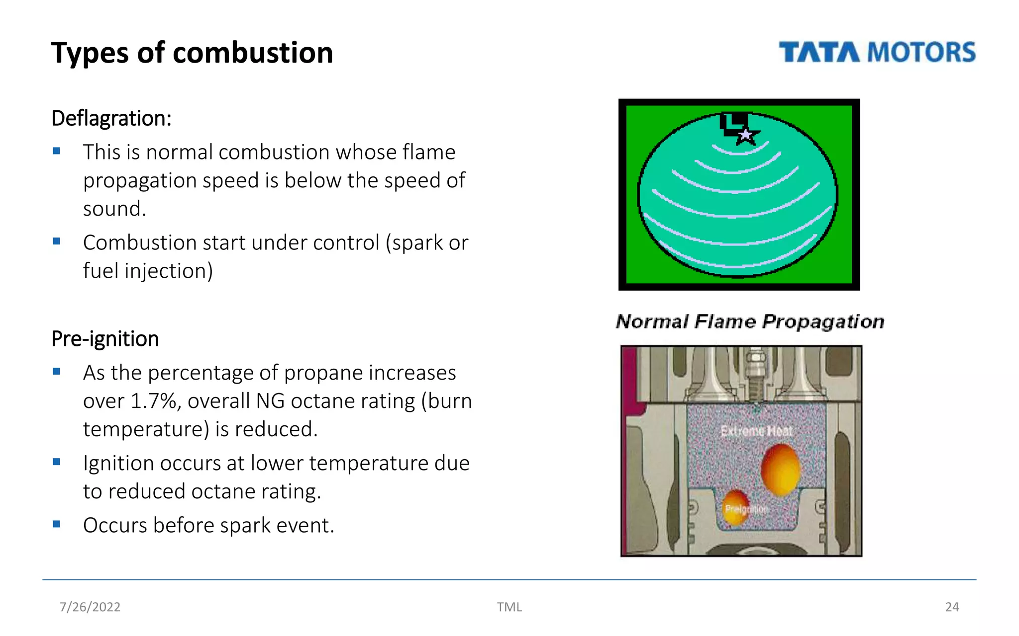 Types of combustion
Deflagration:
 This is normal combustion whose flame
propagation speed is below the speed of
sound.
 Combustion start under control (spark or
fuel injection)
Pre-ignition
 As the percentage of propane increases
over 1.7%, overall NG octane rating (burn
temperature) is reduced.
 Ignition occurs at lower temperature due
to reduced octane rating.
 Occurs before spark event.
7/26/2022 TML 24
 