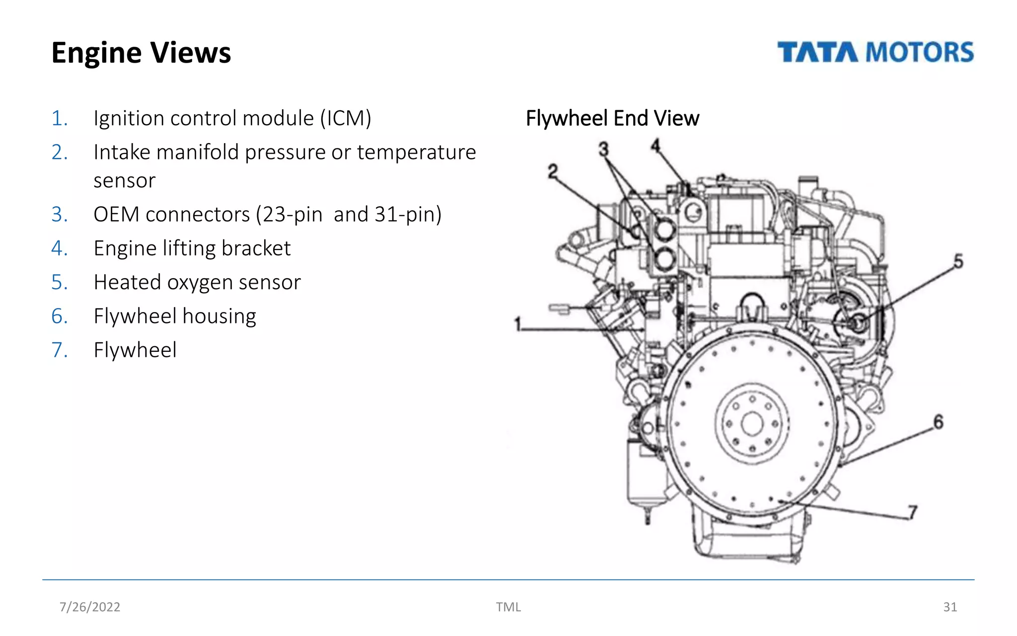 Engine Views
1. Ignition control module (ICM)
2. Intake manifold pressure or temperature
sensor
3. OEM connectors (23-pin and 31-pin)
4. Engine lifting bracket
5. Heated oxygen sensor
6. Flywheel housing
7. Flywheel
Flywheel End View
7/26/2022 TML 31
 