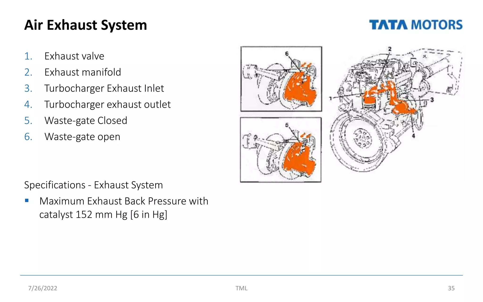 Air Exhaust System
1. Exhaust valve
2. Exhaust manifold
3. Turbocharger Exhaust Inlet
4. Turbocharger exhaust outlet
5. Waste-gate Closed
6. Waste-gate open
Specifications - Exhaust System
 Maximum Exhaust Back Pressure with
catalyst 152 mm Hg [6 in Hg]
7/26/2022 TML 35
 