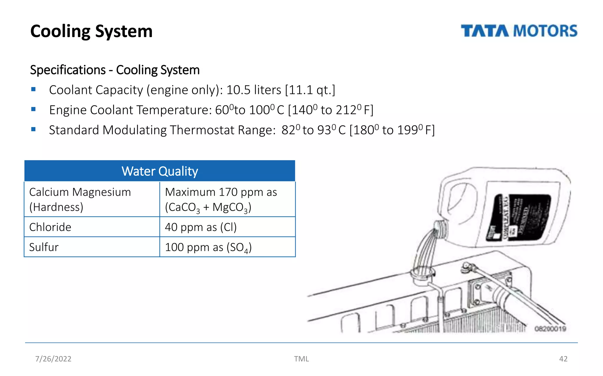 Cooling System
Specifications - Cooling System
 Coolant Capacity (engine only): 10.5 liters [11.1 qt.]
 Engine Coolant Temperature: 600to 1000 C [1400 to 2120 F]
 Standard Modulating Thermostat Range: 820 to 930 C [1800 to 1990 F]
7/26/2022 TML 42
Water Quality
Calcium Magnesium
(Hardness)
Maximum 170 ppm as
(CaCO3 + MgCO3)
Chloride 40 ppm as (Cl)
Sulfur 100 ppm as (SO4)
 