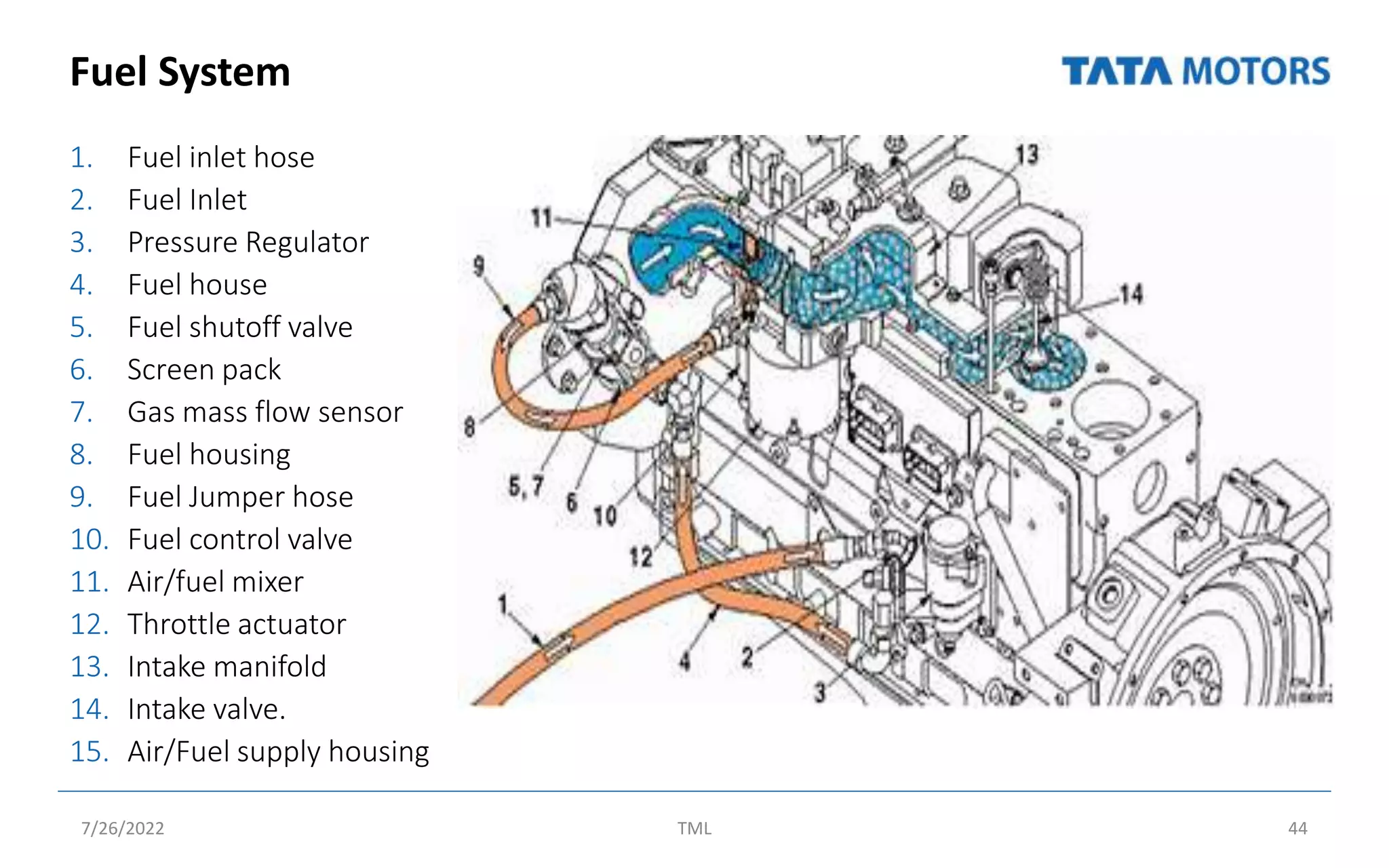 Fuel System
1. Fuel inlet hose
2. Fuel Inlet
3. Pressure Regulator
4. Fuel house
5. Fuel shutoff valve
6. Screen pack
7. Gas mass flow sensor
8. Fuel housing
9. Fuel Jumper hose
10. Fuel control valve
11. Air/fuel mixer
12. Throttle actuator
13. Intake manifold
14. Intake valve.
15. Air/Fuel supply housing
7/26/2022 TML 44
 