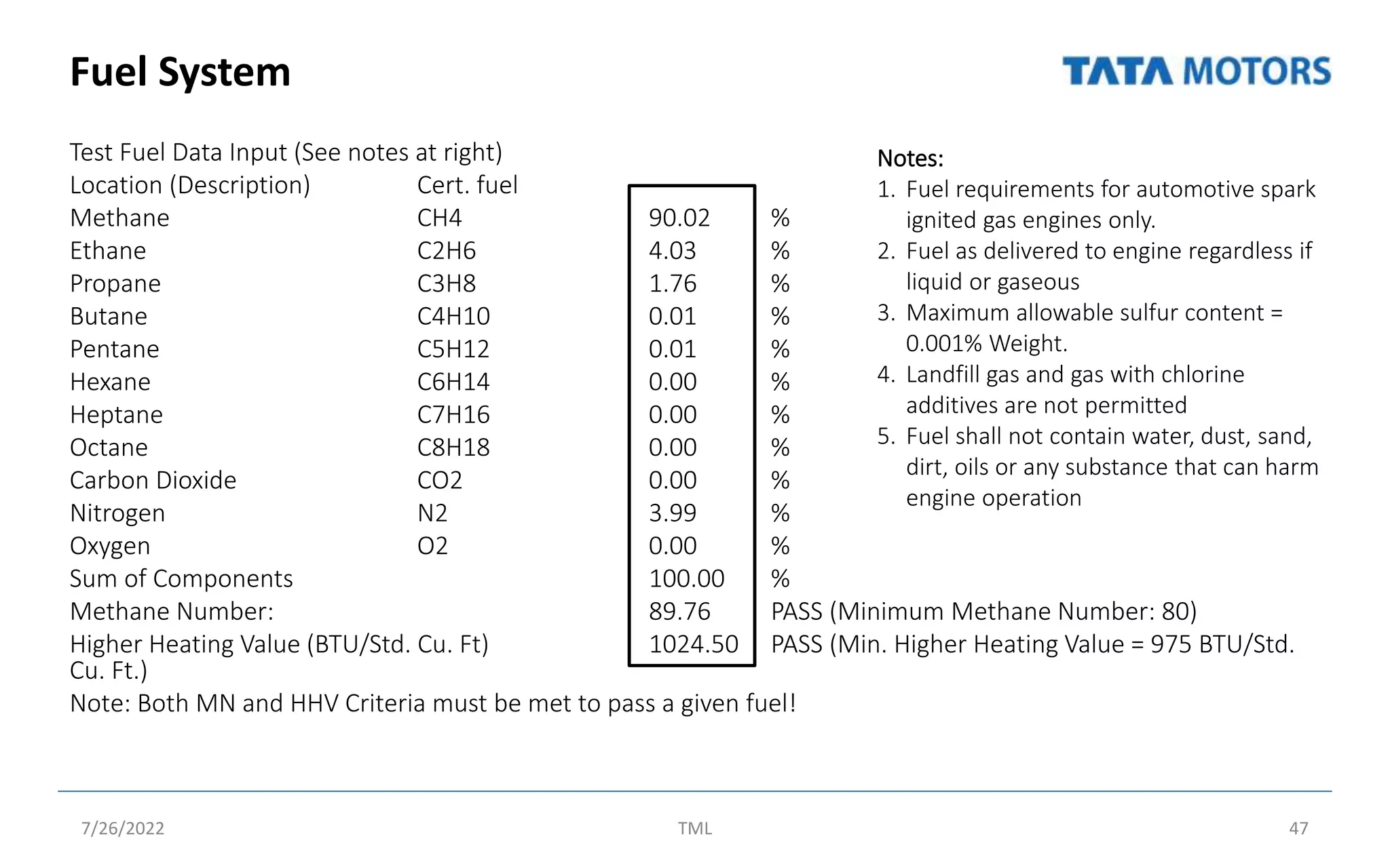 Fuel System
Test Fuel Data Input (See notes at right)
Location (Description) Cert. fuel
Methane CH4 90.02 %
Ethane C2H6 4.03 %
Propane C3H8 1.76 %
Butane C4H10 0.01 %
Pentane C5H12 0.01 %
Hexane C6H14 0.00 %
Heptane C7H16 0.00 %
Octane C8H18 0.00 %
Carbon Dioxide CO2 0.00 %
Nitrogen N2 3.99 %
Oxygen O2 0.00 %
Sum of Components 100.00 %
Methane Number: 89.76 PASS (Minimum Methane Number: 80)
Higher Heating Value (BTU/Std. Cu. Ft) 1024.50 PASS (Min. Higher Heating Value = 975 BTU/Std.
Cu. Ft.)
Note: Both MN and HHV Criteria must be met to pass a given fuel!
7/26/2022 TML 47
Notes:
1. Fuel requirements for automotive spark
ignited gas engines only.
2. Fuel as delivered to engine regardless if
liquid or gaseous
3. Maximum allowable sulfur content =
0.001% Weight.
4. Landfill gas and gas with chlorine
additives are not permitted
5. Fuel shall not contain water, dust, sand,
dirt, oils or any substance that can harm
engine operation
 
