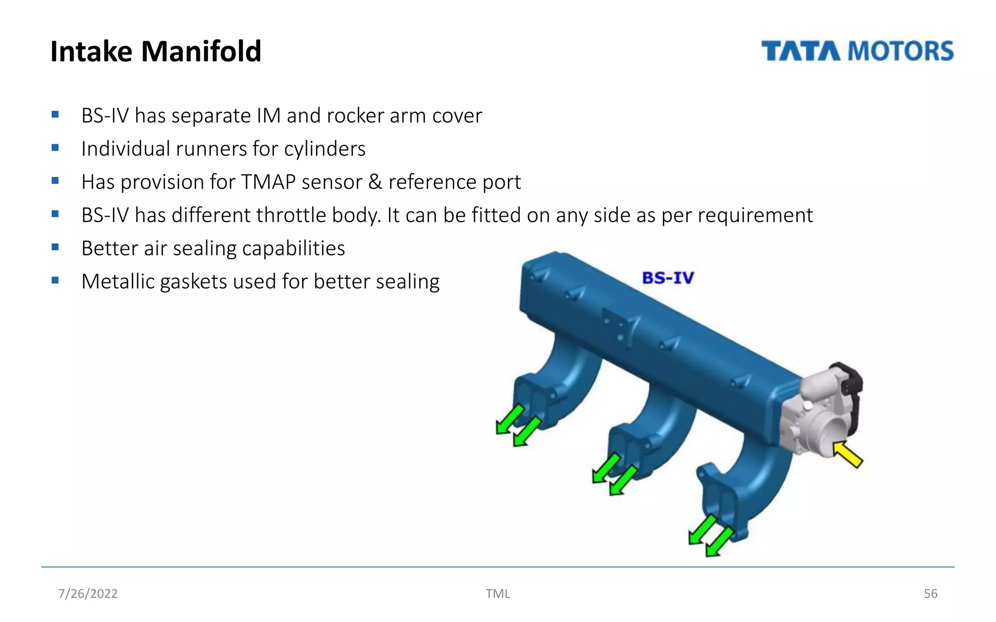 Intake Manifold
 BS-IV has separate IM and rocker arm cover
 Individual runners for cylinders
 Has provision for TMAP sensor & reference port
 BS-IV has different throttle body. It can be fitted on any side as per requirement
 Better air sealing capabilities
 Metallic gaskets used for better sealing
7/26/2022 TML 56
 