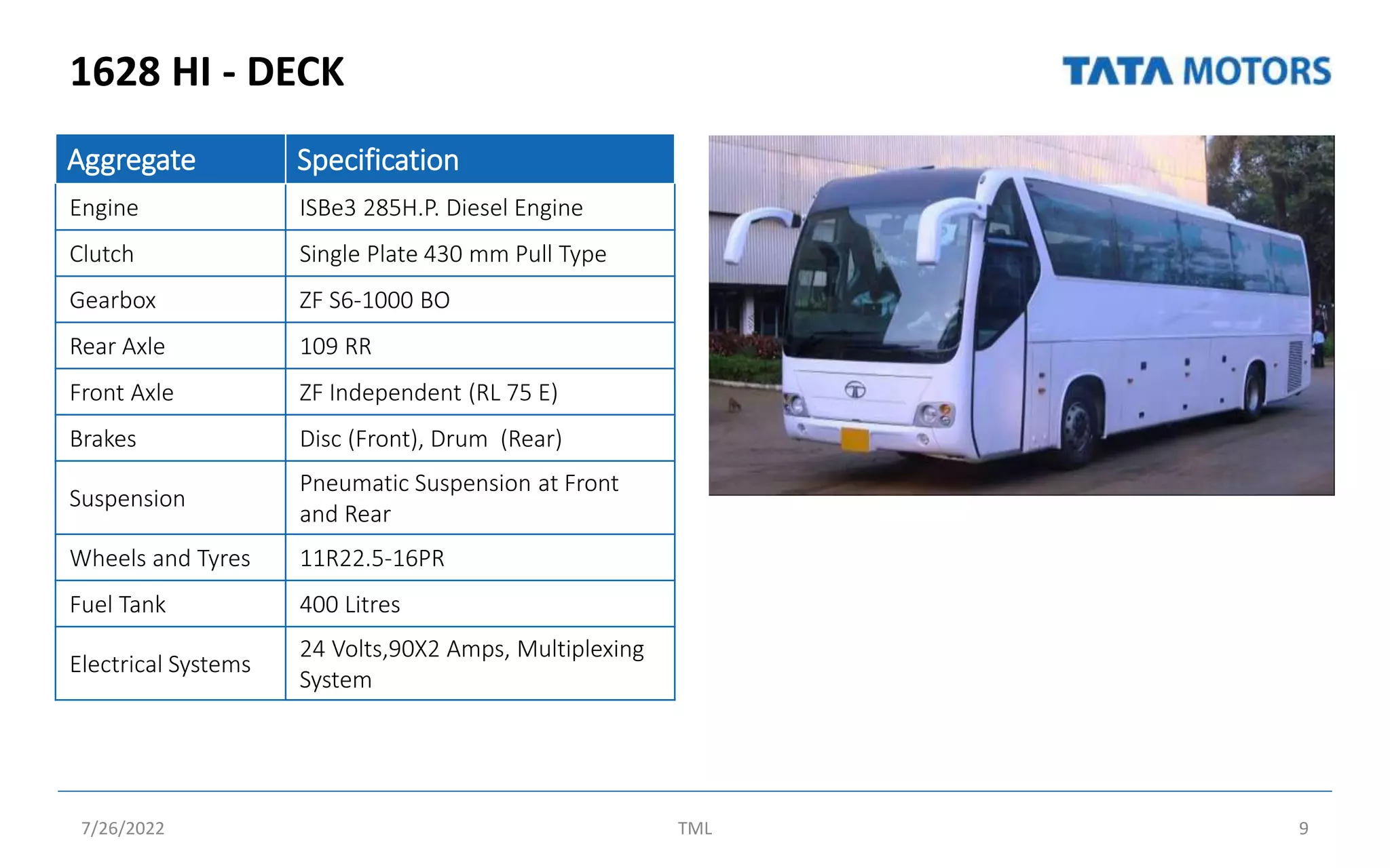 1628 HI - DECK
7/26/2022 TML 9
Aggregate Specification
Engine ISBe3 285H.P. Diesel Engine
Clutch Single Plate 430 mm Pull Type
Gearbox ZF S6-1000 BO
Rear Axle 109 RR
Front Axle ZF Independent (RL 75 E)
Brakes Disc (Front), Drum (Rear)
Suspension
Pneumatic Suspension at Front
and Rear
Wheels and Tyres 11R22.5-16PR
Fuel Tank 400 Litres
Electrical Systems
24 Volts,90X2 Amps, Multiplexing
System
 