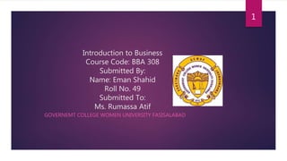Introduction to Business
Course Code: BBA 308
Submitted By:
Name: Eman Shahid
Roll No. 49
Submitted To:
Ms. Rumassa Atif
GOVERNEMT COLLEGE WOMEN UNIVERSITY FASISALABAD
1
 