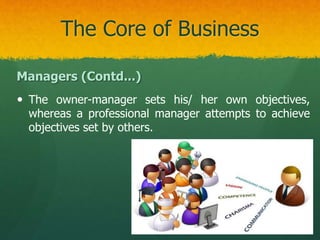 The Core of Business
Managers (Contd...)
 The owner-manager sets his/ her own objectives,
whereas a professional manager ...