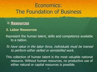  Resources
3. Labor Resources
Represent the human talent, skills and competence available
to a nation.
To have value in t...