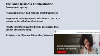 The Small Business Administration
Government agency
Helps people start and manage small businesses
Helps small business owners win federal contracts,
speaks on behalf of small business
Private lenders to qualified small businesses that
cannot obtain financing
Assistance for Women, Minorities, Veterans
 