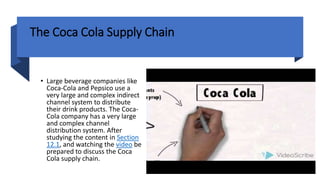 The Coca Cola Supply Chain
• Large beverage companies like
Coca-Cola and Pepsico use a
very large and complex indirect
channel system to distribute
their drink products. The Coca-
Cola company has a very large
and complex channel
distribution system. After
studying the content in Section
12.1, and watching the video be
prepared to discuss the Coca
Cola supply chain.
 