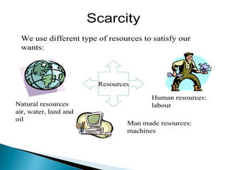 Scarcity
 We use different type of resources to satisfy our
 wants:



                        Resources

                                       Human resources:
Natural resources                      labour
air, water, land and
oil
                                Man made resources:
                                machines
 