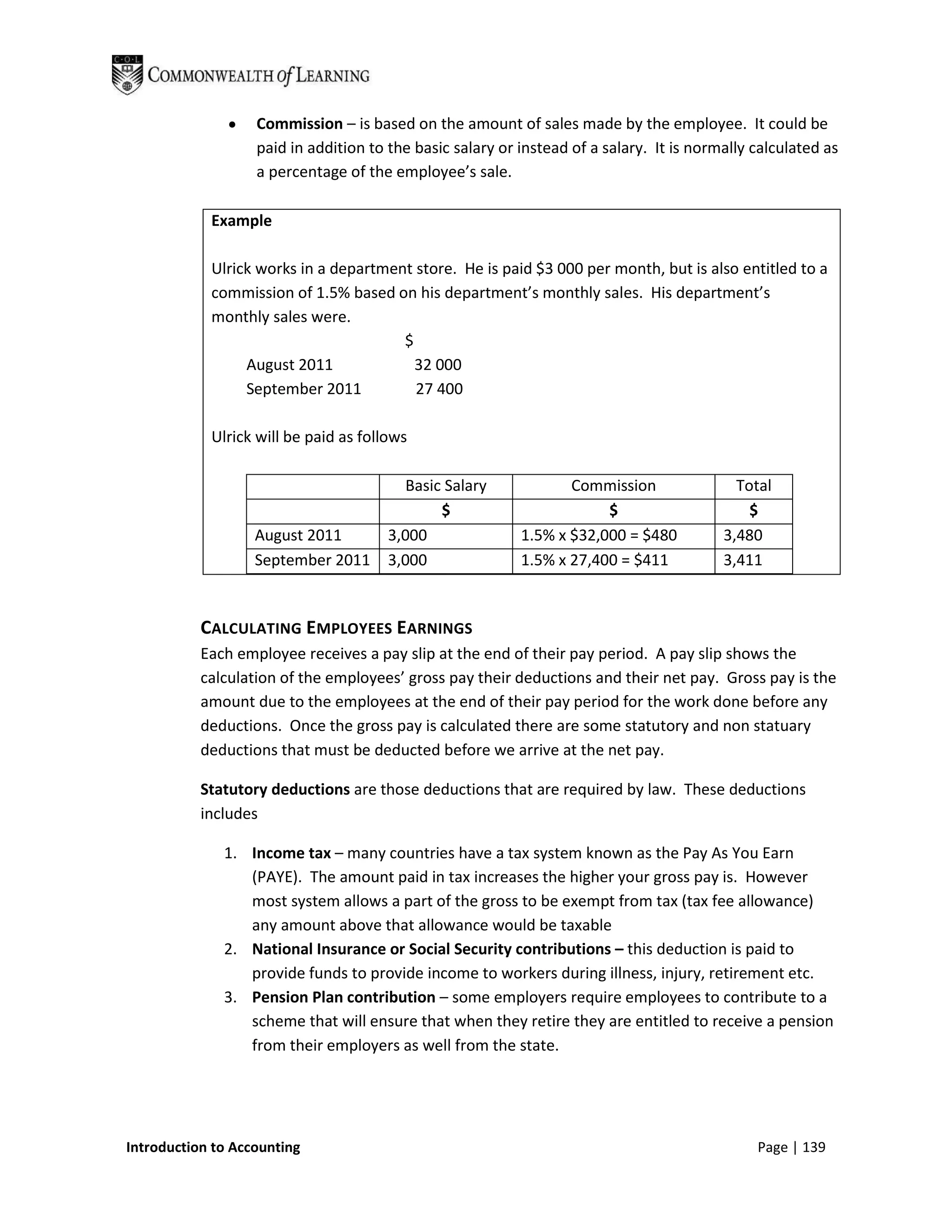 Commission – is based on the amount of sales made by the employee. It could be
                   paid in addition to the basic salary or instead of a salary. It is normally calculated as
                   a percentage of the employee’s sale.

            Example

            Ulrick works in a department store. He is paid $3 000 per month, but is also entitled to a
            commission of 1.5% based on his department’s monthly sales. His department’s
            monthly sales were.
                                       $
                 August 2011             32 000
                 September 2011          27 400

            Ulrick will be paid as follows

                                          Basic Salary            Commission                Total
                                               $                       $                      $
                   August 2011         3,000               1.5% x $32,000 = $480          3,480
                   September 2011      3,000               1.5% x 27,400 = $411           3,411


           CALCULATING EMPLOYEES EARNINGS
           Each employee receives a pay slip at the end of their pay period. A pay slip shows the
           calculation of the employees’ gross pay their deductions and their net pay. Gross pay is the
           amount due to the employees at the end of their pay period for the work done before any
           deductions. Once the gross pay is calculated there are some statutory and non statuary
           deductions that must be deducted before we arrive at the net pay.

           Statutory deductions are those deductions that are required by law. These deductions
           includes

              1. Income tax – many countries have a tax system known as the Pay As You Earn
                 (PAYE). The amount paid in tax increases the higher your gross pay is. However
                 most system allows a part of the gross to be exempt from tax (tax fee allowance)
                 any amount above that allowance would be taxable
              2. National Insurance or Social Security contributions – this deduction is paid to
                 provide funds to provide income to workers during illness, injury, retirement etc.
              3. Pension Plan contribution – some employers require employees to contribute to a
                 scheme that will ensure that when they retire they are entitled to receive a pension
                 from their employers as well from the state.




Introduction to Accounting                                                                     Page | 139
 