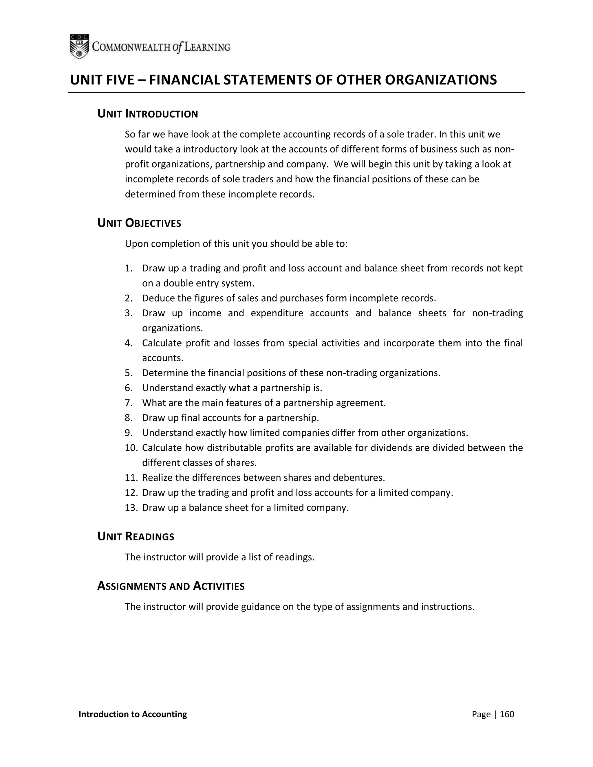 UNIT FIVE – FINANCIAL STATEMENTS OF OTHER ORGANIZATIONS

     UNIT INTRODUCTION
            So far we have look at the complete accounting records of a sole trader. In this unit we
            would take a introductory look at the accounts of different forms of business such as non-
            profit organizations, partnership and company. We will begin this unit by taking a look at
            incomplete records of sole traders and how the financial positions of these can be
            determined from these incomplete records.

     UNIT OBJECTIVES
            Upon completion of this unit you should be able to:

            1. Draw up a trading and profit and loss account and balance sheet from records not kept
                on a double entry system.
            2. Deduce the figures of sales and purchases form incomplete records.
            3. Draw up income and expenditure accounts and balance sheets for non-trading
                organizations.
            4. Calculate profit and losses from special activities and incorporate them into the final
                accounts.
            5. Determine the financial positions of these non-trading organizations.
            6. Understand exactly what a partnership is.
            7. What are the main features of a partnership agreement.
            8. Draw up final accounts for a partnership.
            9. Understand exactly how limited companies differ from other organizations.
            10. Calculate how distributable profits are available for dividends are divided between the
                different classes of shares.
            11. Realize the differences between shares and debentures.
            12. Draw up the trading and profit and loss accounts for a limited company.
            13. Draw up a balance sheet for a limited company.

     UNIT READINGS
            The instructor will provide a list of readings.

     ASSIGNMENTS AND ACTIVITIES
            The instructor will provide guidance on the type of assignments and instructions.




 Introduction to Accounting                                                                 Page | 160
 