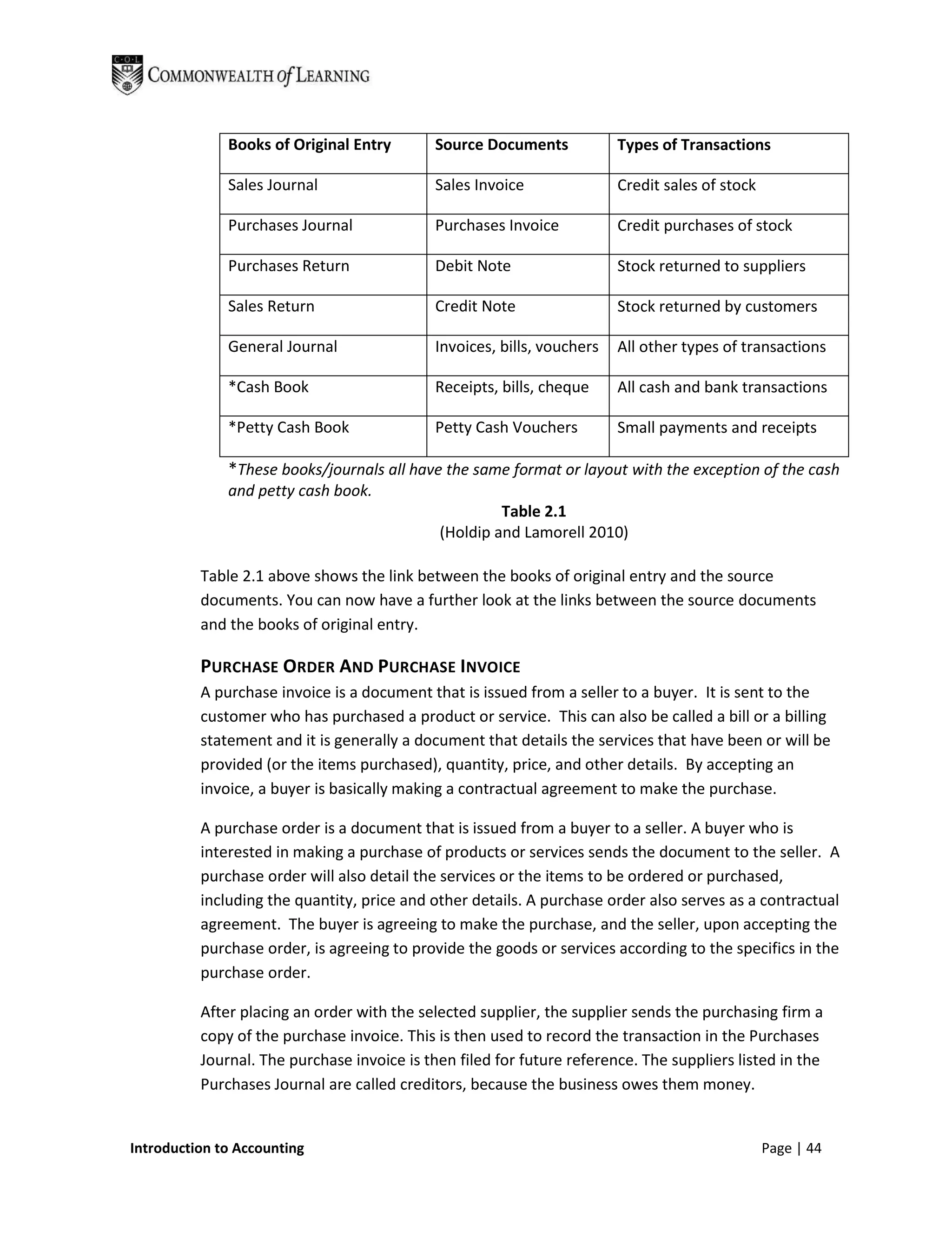 Books of Original Entry        Source Documents            Types of Transactions

              Sales Journal                  Sales Invoice               Credit sales of stock

              Purchases Journal              Purchases Invoice           Credit purchases of stock

              Purchases Return               Debit Note                  Stock returned to suppliers

              Sales Return                   Credit Note                 Stock returned by customers

              General Journal                Invoices, bills, vouchers   All other types of transactions

              *Cash Book                     Receipts, bills, cheque     All cash and bank transactions

              *Petty Cash Book               Petty Cash Vouchers         Small payments and receipts

              *These books/journals all have the same format or layout with the exception of the cash
              and petty cash book.
                                                      Table 2.1
                                             (Holdip and Lamorell 2010)

          Table 2.1 above shows the link between the books of original entry and the source
          documents. You can now have a further look at the links between the source documents
          and the books of original entry.

          PURCHASE ORDER AND PURCHASE INVOICE
          A purchase invoice is a document that is issued from a seller to a buyer. It is sent to the
          customer who has purchased a product or service. This can also be called a bill or a billing
          statement and it is generally a document that details the services that have been or will be
          provided (or the items purchased), quantity, price, and other details. By accepting an
          invoice, a buyer is basically making a contractual agreement to make the purchase.

          A purchase order is a document that is issued from a buyer to a seller. A buyer who is
          interested in making a purchase of products or services sends the document to the seller. A
          purchase order will also detail the services or the items to be ordered or purchased,
          including the quantity, price and other details. A purchase order also serves as a contractual
          agreement. The buyer is agreeing to make the purchase, and the seller, upon accepting the
          purchase order, is agreeing to provide the goods or services according to the specifics in the
          purchase order.

          After placing an order with the selected supplier, the supplier sends the purchasing firm a
          copy of the purchase invoice. This is then used to record the transaction in the Purchases
          Journal. The purchase invoice is then filed for future reference. The suppliers listed in the
          Purchases Journal are called creditors, because the business owes them money.


Introduction to Accounting                                                                       Page | 44
 