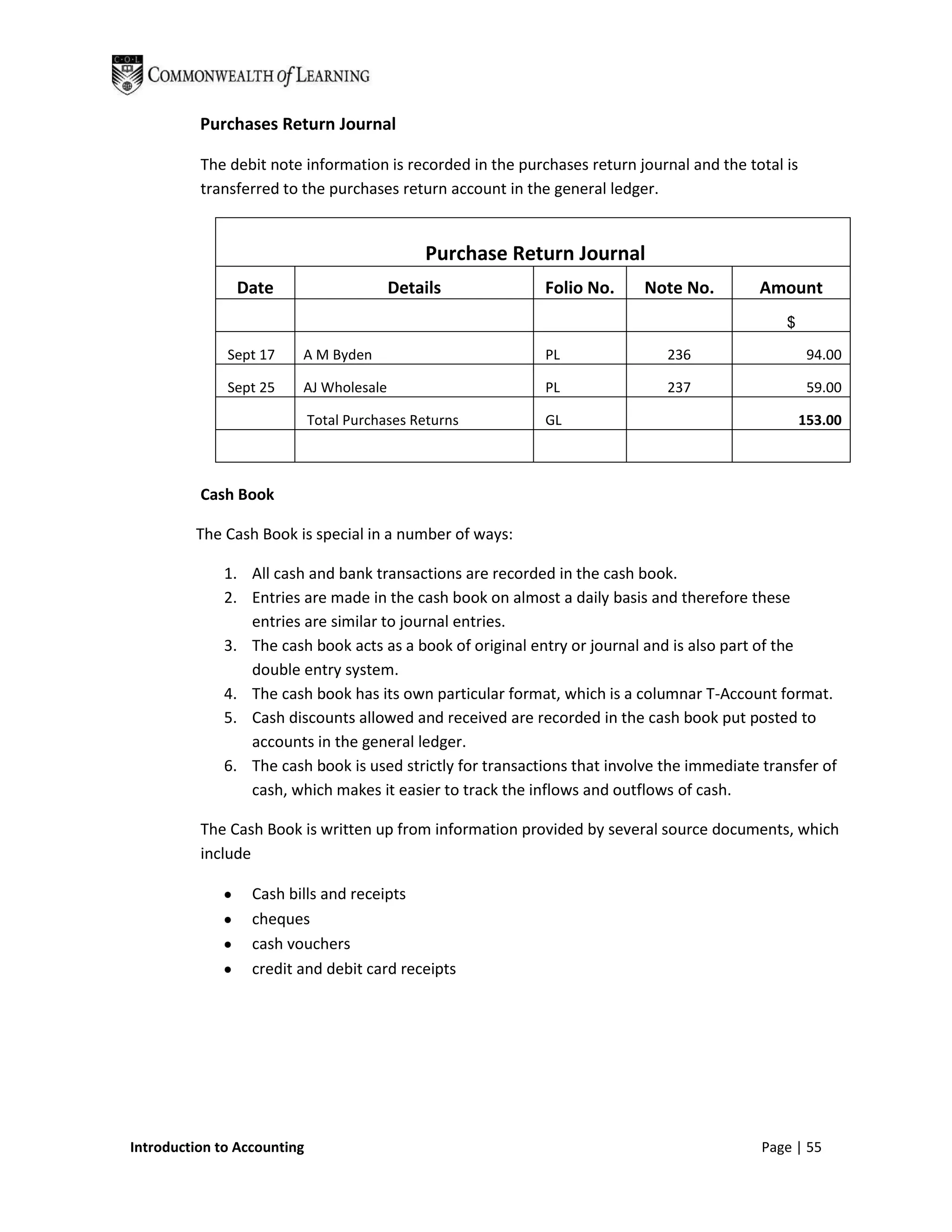 Purchases Return Journal

          The debit note information is recorded in the purchases return journal and the total is
          transferred to the purchases return account in the general ledger.


                                              Purchase Return Journal
               Date                      Details            Folio No.      Note No.        Amount
                                                                                               $

              Sept 17    A M Byden                          PL                236                    94.00

              Sept 25    AJ Wholesale                       PL                237                    59.00

                             Total Purchases Returns        GL                                      153.00



          Cash Book

         The Cash Book is special in a number of ways:

              1. All cash and bank transactions are recorded in the cash book.
              2. Entries are made in the cash book on almost a daily basis and therefore these
                 entries are similar to journal entries.
              3. The cash book acts as a book of original entry or journal and is also part of the
                 double entry system.
              4. The cash book has its own particular format, which is a columnar T-Account format.
              5. Cash discounts allowed and received are recorded in the cash book put posted to
                 accounts in the general ledger.
              6. The cash book is used strictly for transactions that involve the immediate transfer of
                 cash, which makes it easier to track the inflows and outflows of cash.

          The Cash Book is written up from information provided by several source documents, which
          include

                  Cash bills and receipts
                  cheques
                  cash vouchers
                  credit and debit card receipts




Introduction to Accounting                                                                  Page | 55
 