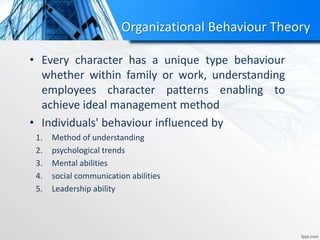 Organizational Behaviour Theory
• Every character has a unique type behaviour
whether within family or work, understanding
employees character patterns enabling to
achieve ideal management method
• Individuals' behaviour influenced by
1. Method of understanding
2. psychological trends
3. Mental abilities
4. social communication abilities
5. Leadership ability
 
