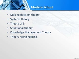 Modern School
• Making decision theory
• Systems theory
• Theory of Z
• Situational theory
• Knowledge Management Theory
• Theory reengineering
 