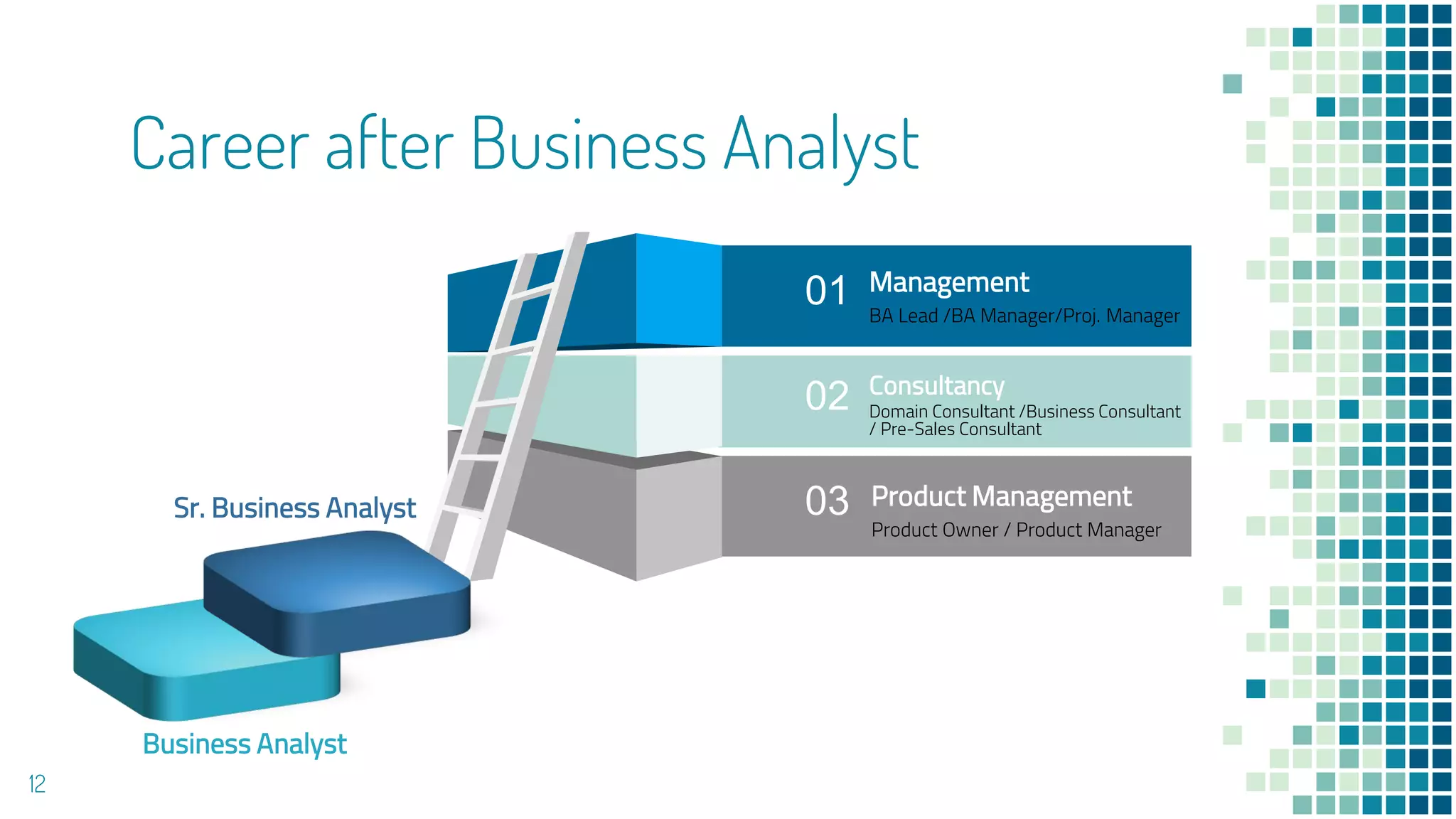 Career after Business Analyst
12
01
02
03 Product Management
Product Owner / Product Manager
Consultancy
Domain Consultant /Business Consultant
/ Pre-Sales Consultant
Management
BA Lead /BA Manager/Proj. Manager
Sr. Business Analyst
Business Analyst
 