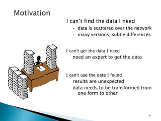 4
I can’t find the data I need
– data is scattered over the network
– many versions, subtle differences
I can’t get the data I need
need an expert to get the data
I can’t use the data I found
results are unexpected
data needs to be transformed from
one form to other
 