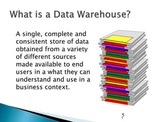 5
5
A single, complete and
consistent store of data
obtained from a variety
of different sources
made available to end
users in a what they can
understand and use in a
business context.
 
