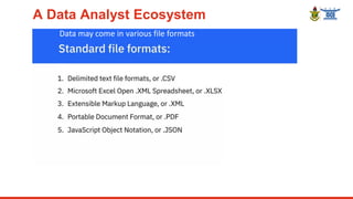 A Data Analyst Ecosystem
Data may come in various file formats
 