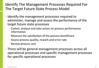 Identify The Management Processes Required For
The Target Future State Process Model
• Identify the management processes required to
administer, manage and assess the performance of the
target future state processes
− Collect, analyse and take action on process performance
information
− Measure the satisfaction of the process beneficiary
− Assess process quality, rework and error rate
− Review process cost
• There will be general management processes across all
operational processes and specific management processes
for specific operational processes
September 24, 2018 140
 