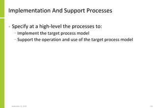 Implementation And Support Processes
• Specify at a high-level the processes to:
− Implement the target process model
− Support the operation and use of the target process model
September 24, 2018 141
 